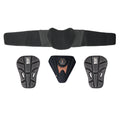 A black Demon Hip Belt X D3O parts designed for snowboarding and other winter sports, including padded shorts with adjustable belt straps.