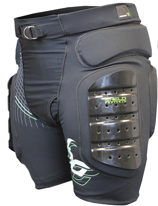 A front view of a pair of black padded shorts with an elastic waistband and added protective padding on the tailbone and hips with hard shell thigh protection with green and white designs.