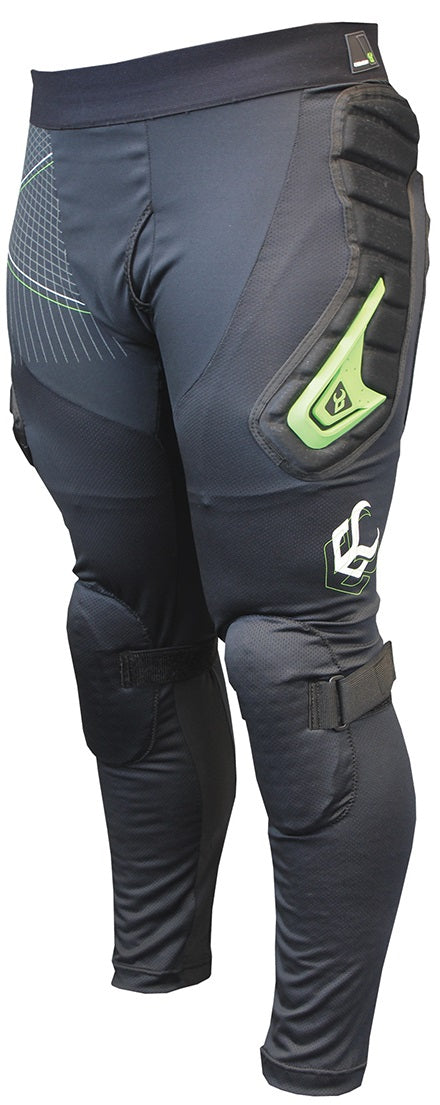 Front view of a pair of men's black long pants with built-in knee and hip pads and Demon branding on the knee pad area.