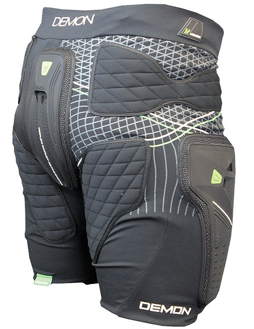 back view of a black padded impact shorts with protective cushioning for the hips, thighs, and tailbone and an elastic waistband