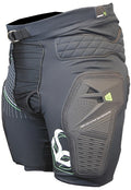Front view of black impact shorts feature heavy-duty hardshell thigh guards and an integrated airflow venting system to provide maximum lower-body protection and breathability with green and white designs