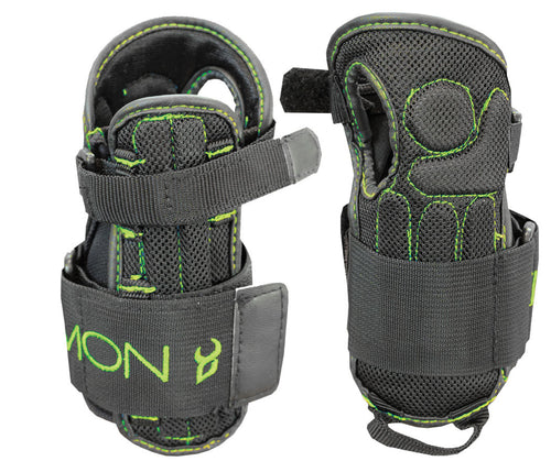 Front and rear view of a pair of Demon Flex Wrist Guards V2 with black and green stitching, featuring adjustable velcro straps and a protective padding on the palm.