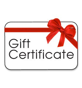 An electronic gift certificate with the word 'Gift' in bold, a red ribbon at the top, and the word 'Certificate' in bold below the ribbon.