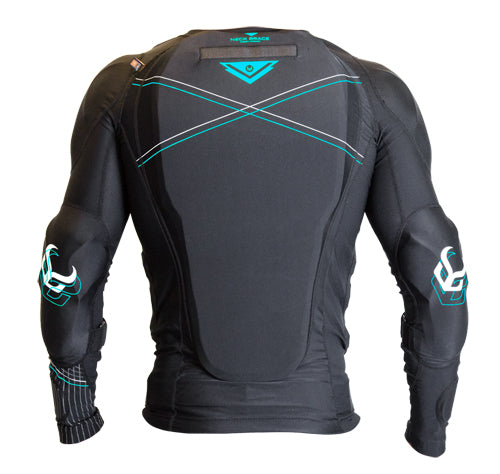 Back view of a black long-sleeved padded base layer with white and light blue designs featuring integrated D3O padding for the back, shoulders, and elbows.