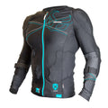 Front view of a black and blue long-sleeved women's protective top with D3O padding and Demon branding.